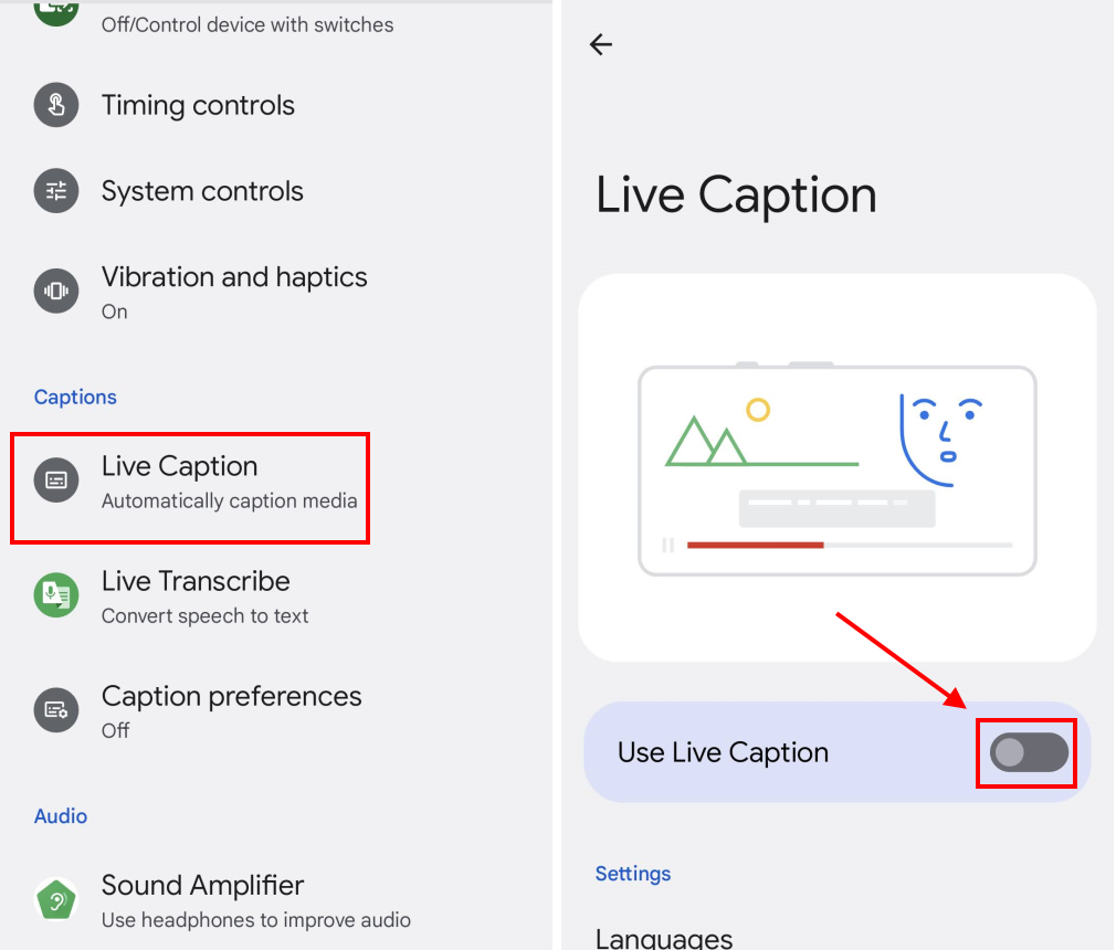 Tap Live Caption then tap the toggle switch for Use Live Caption